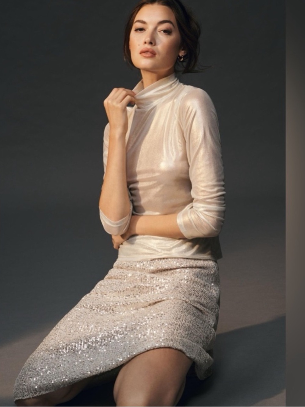 NWT Anthropologie Sheer Mesh Shimmer Turtleneck Layering Top | Gold | Small